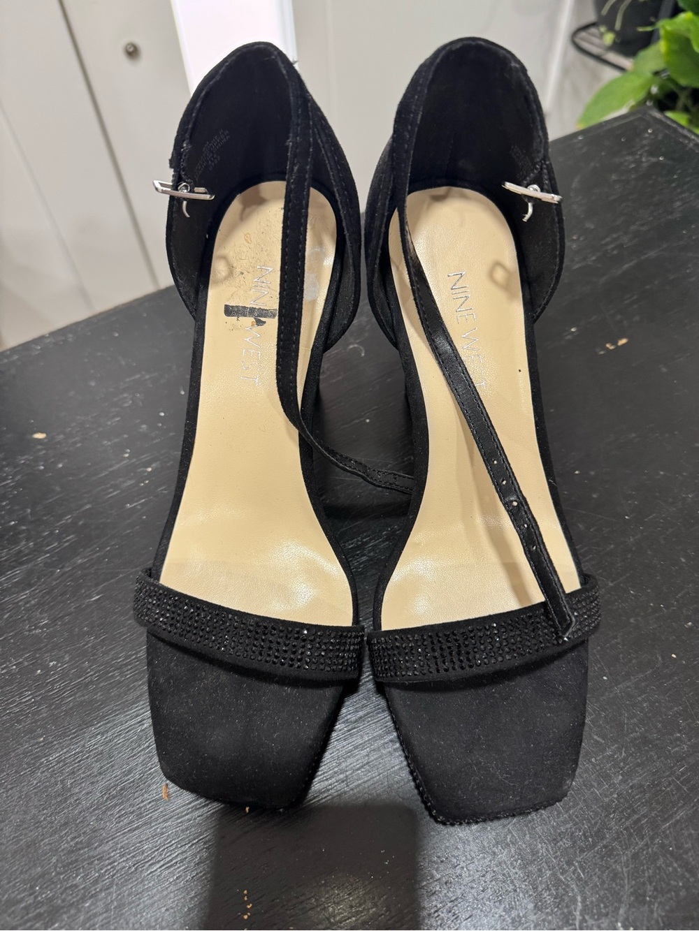 Nine West Black Ankle-Strap Block Heels. Evening. Crystals